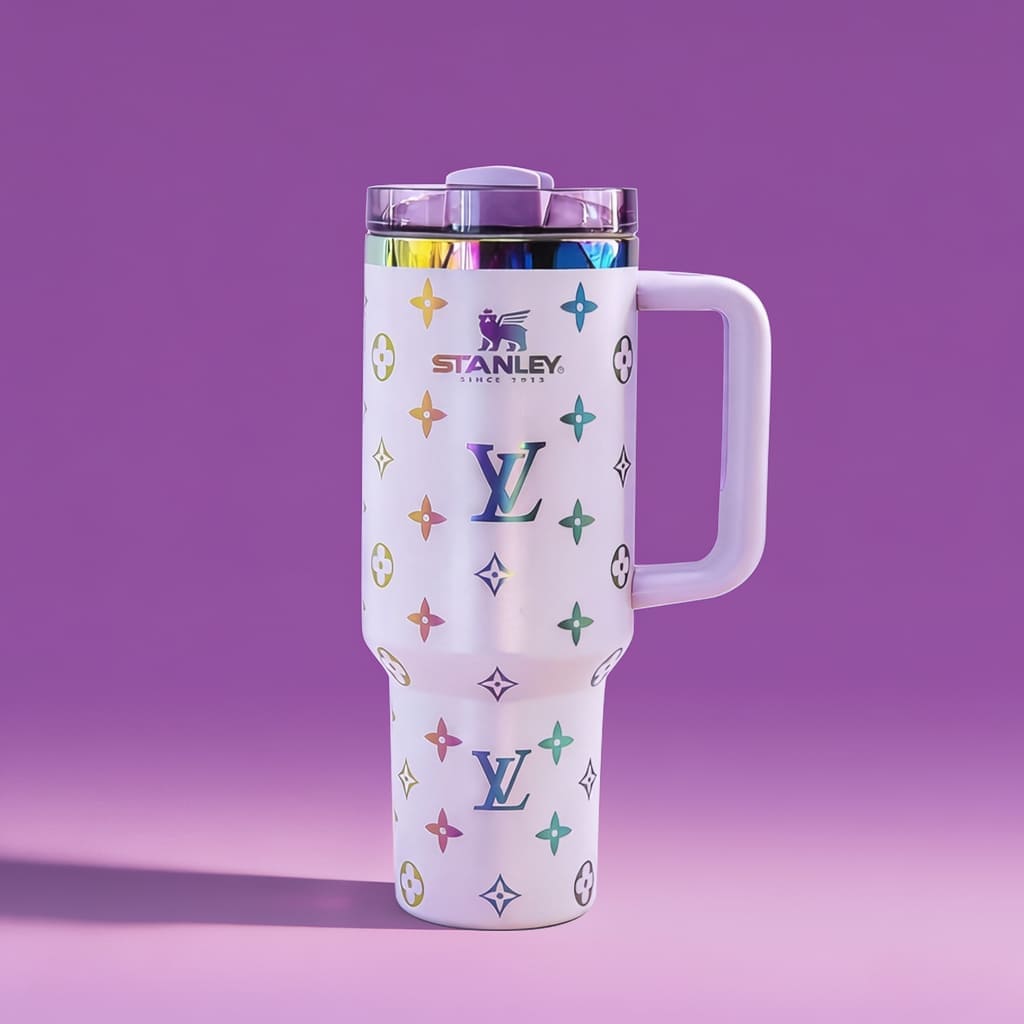Stanley tumbler with colorful logo pattern on a purple background