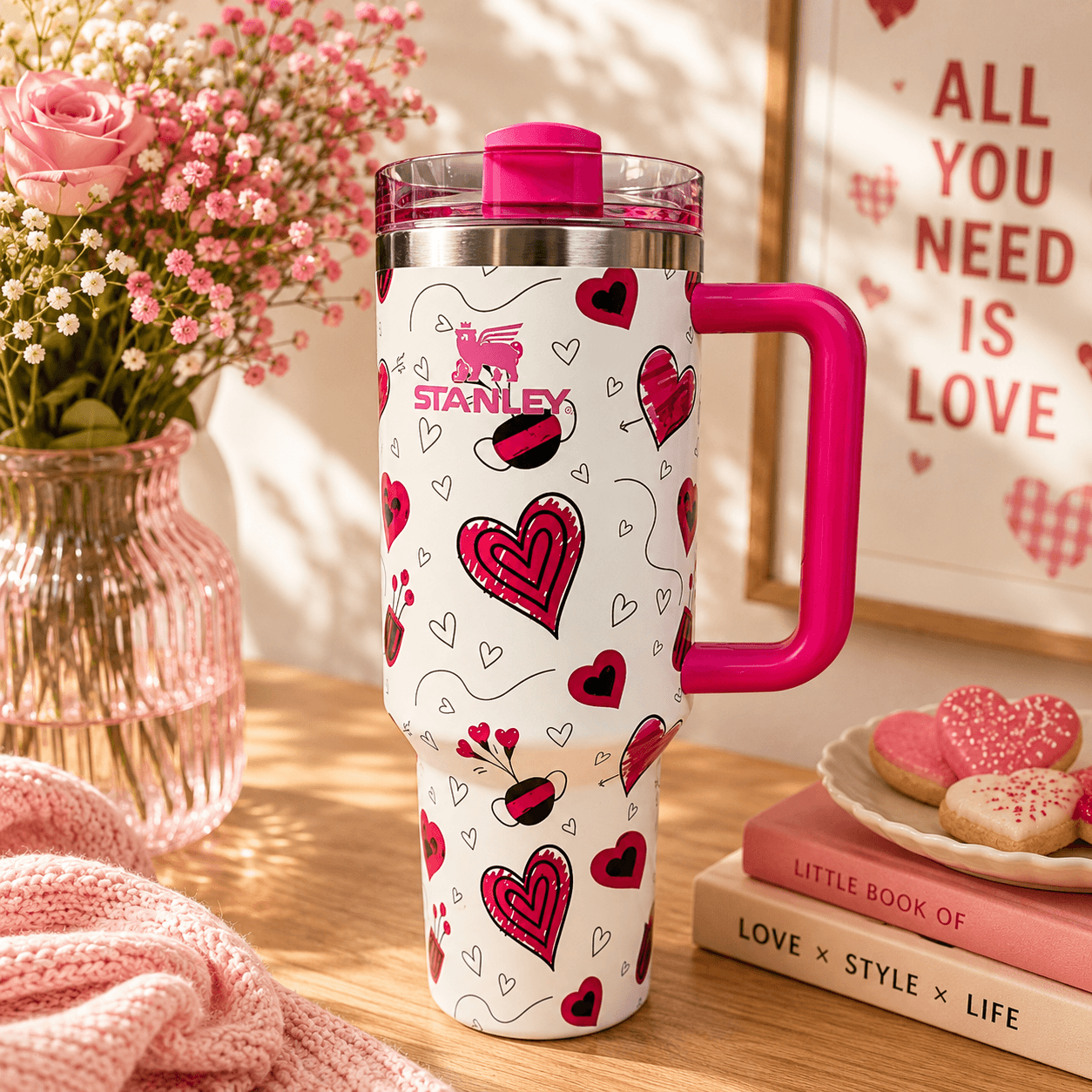Stanley tumbler with heart design on a table with flowers and books in the background