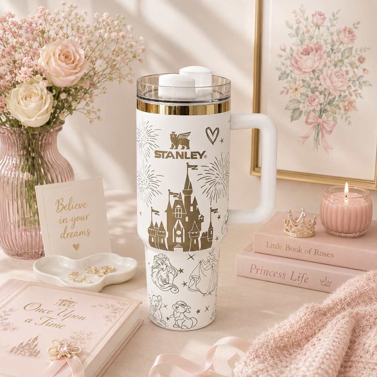 Stanley tumbler with princess-themed design on a decorative table with flowers and books.