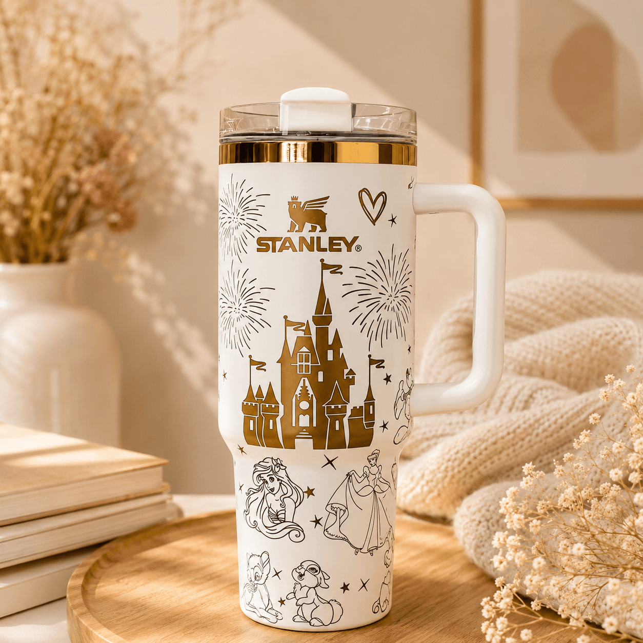 Stanley tumbler with princess design on a wooden surface with decorative elements.