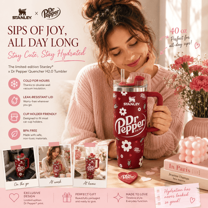 A woman in a pink sweater holds a red Stanley x Dr Pepper Quencher H2.0 tumbler with white floral graphics and a straw.
