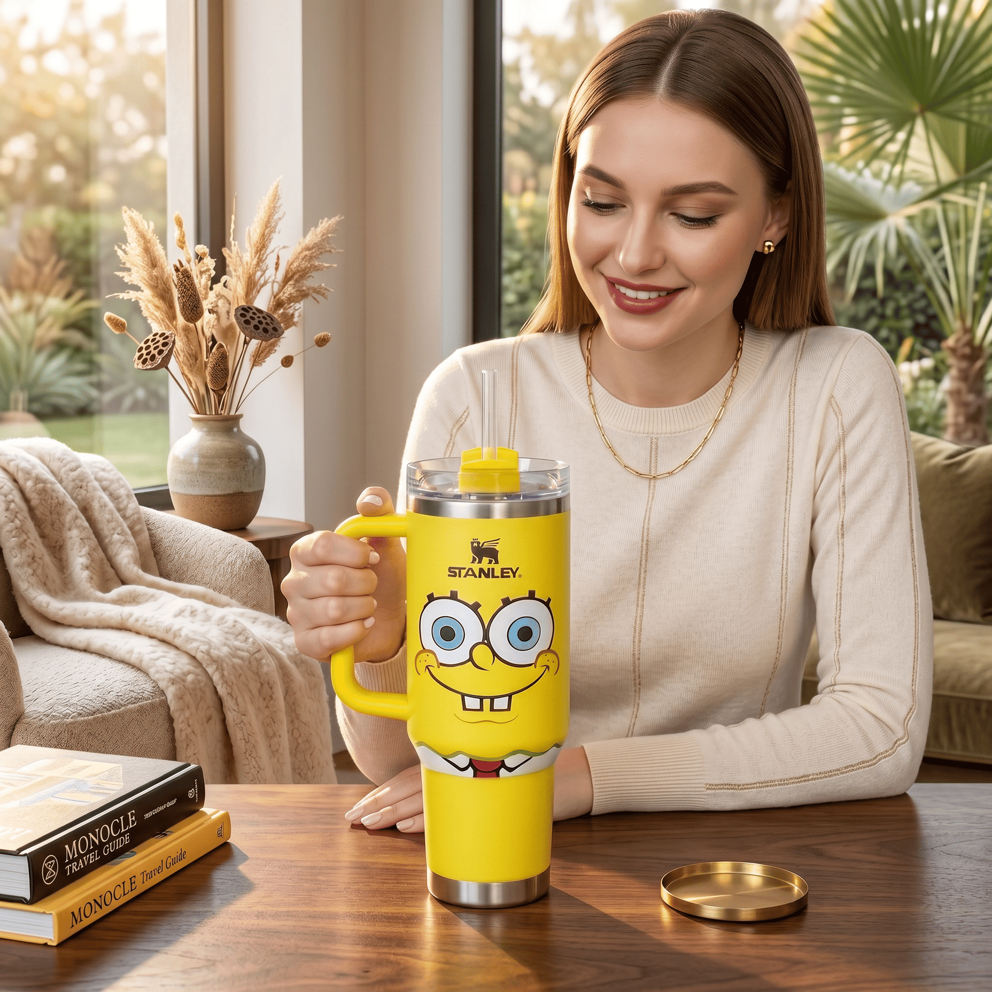 Woman holding a yellow Stanley tumbler with a cartoon character design in a cozy living room.