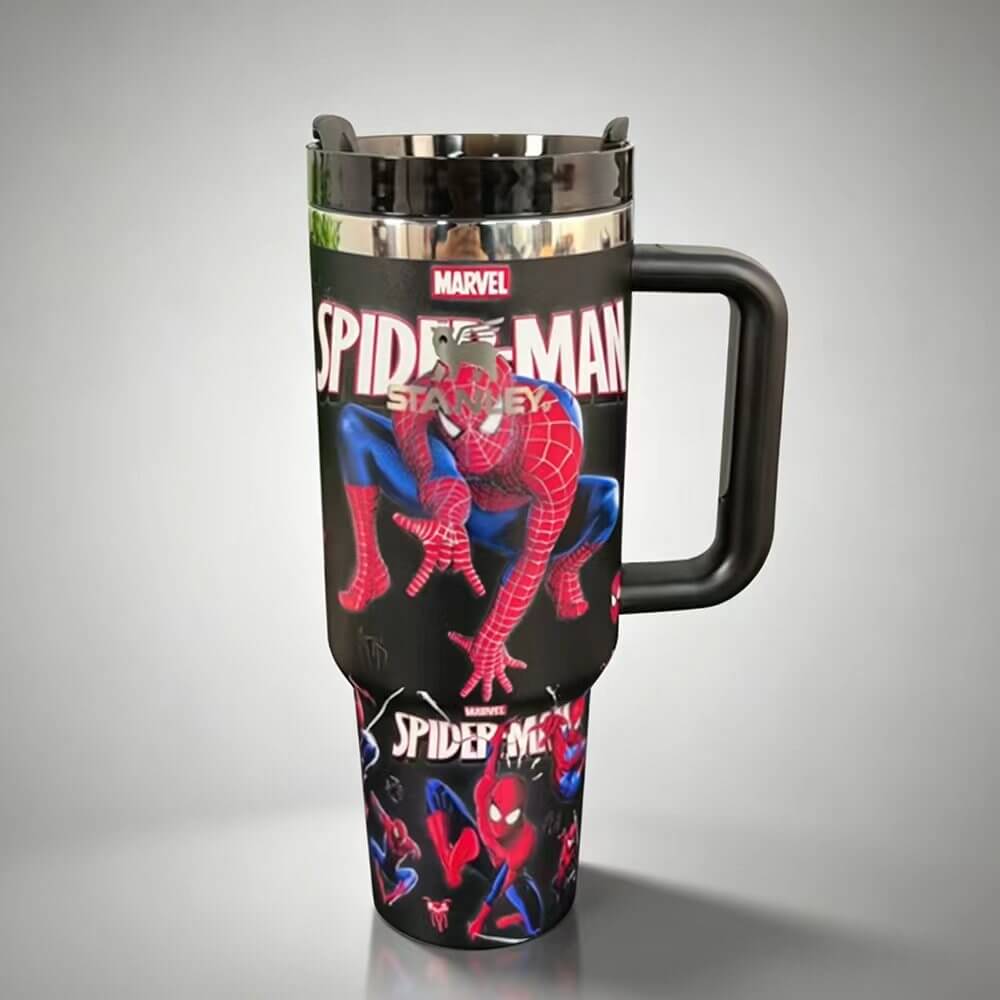 Travel mug with Spider-Man design on a gray background