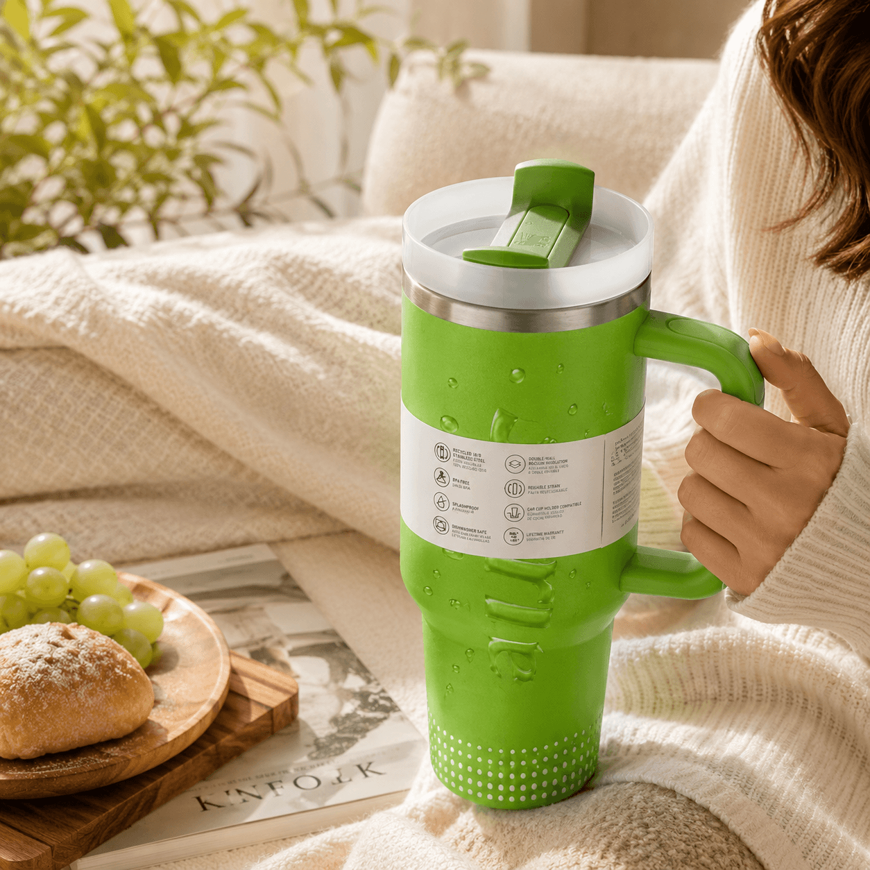 A person holds a bright green insulated travel mug with a white lid and handle, set against a cozy bedroom or lounge scene with a cream knit blanket, grapes, and a bread on a wooden plate.