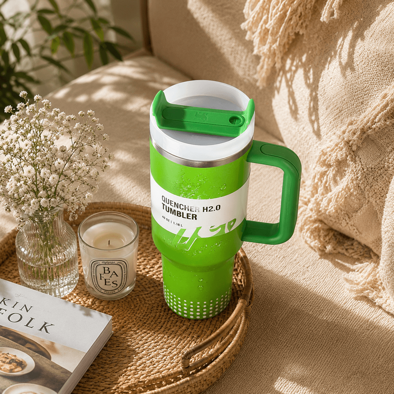 A bright green insulated tumbler with a matching green handle and white lid sits on a woven tray beside a candle, flowers, and a book on a beige sofa.