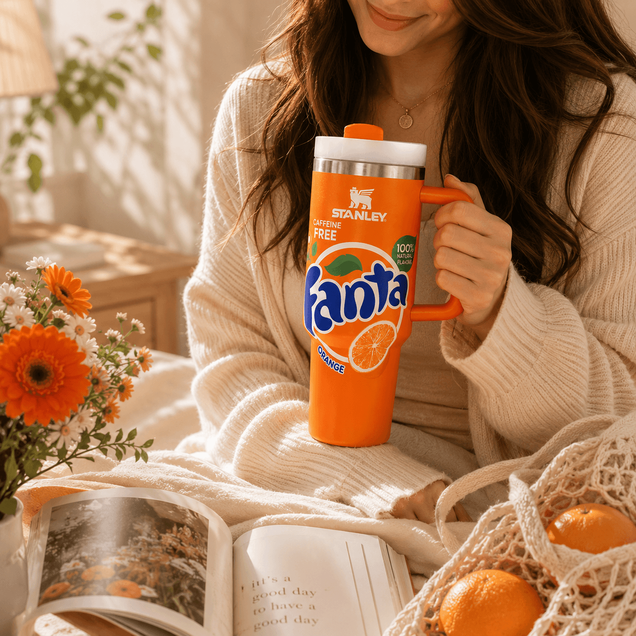 A woman in a cream knit sweater holds an orange Stanley Fanta insulated tumbler with a white lid and orange handle, set in a warm, sunlit indoor scene with flowers, an open book, and oranges.