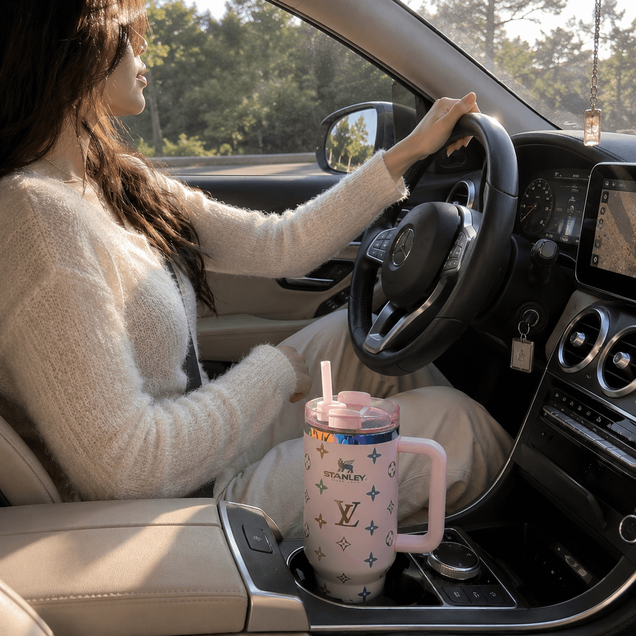 Woman sitting in a car with a pink mug featuring a brand logo.
